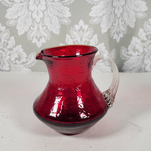 Vintage Cranberry Crackle Glass Miniature Pitcher/Creamer- Applied Handle 3.5” - Picture 1 of 8